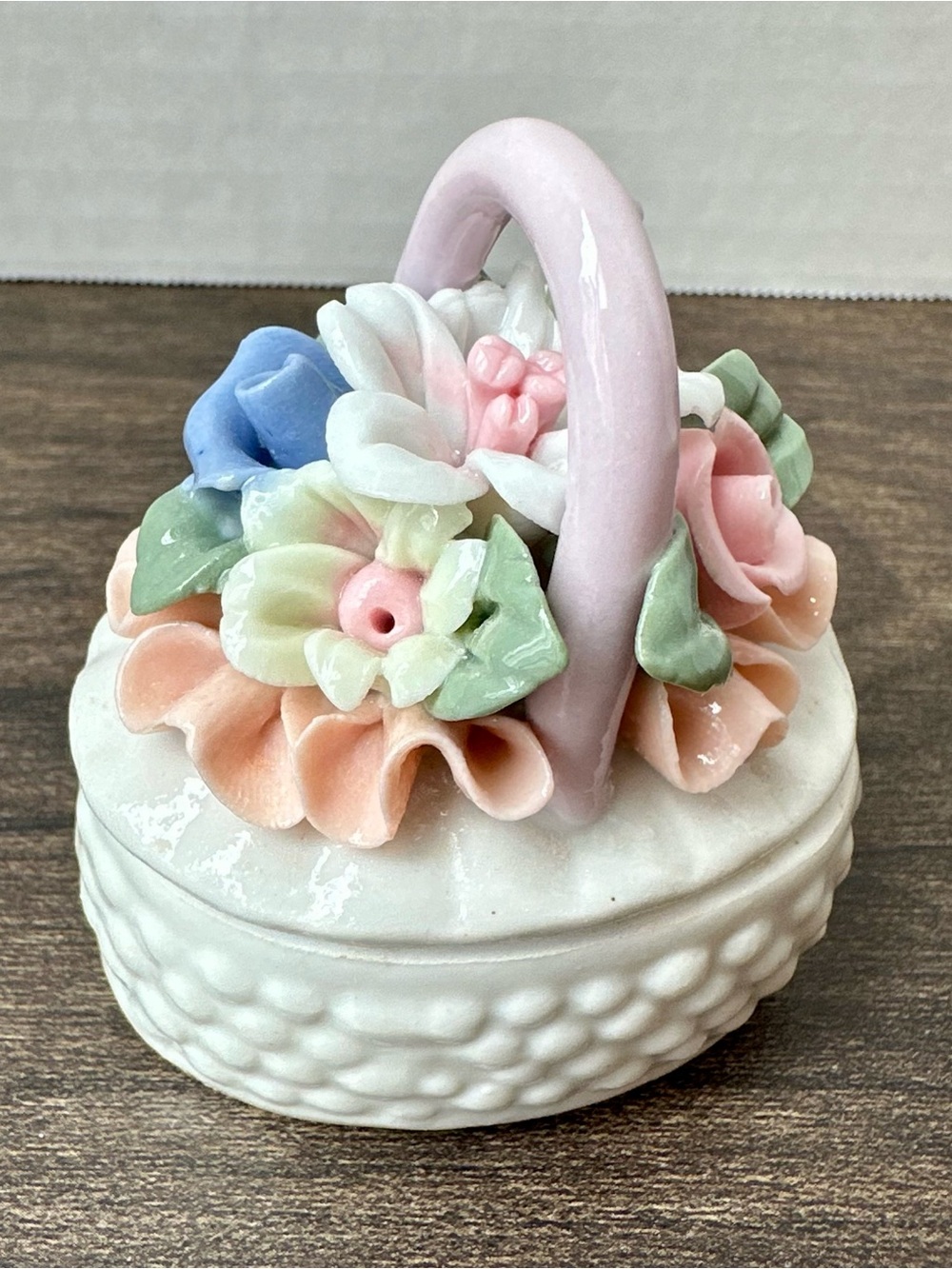 Vintage Capodimonte Style Porcelain Floral Basket Trinket Box - Tiny Chip
